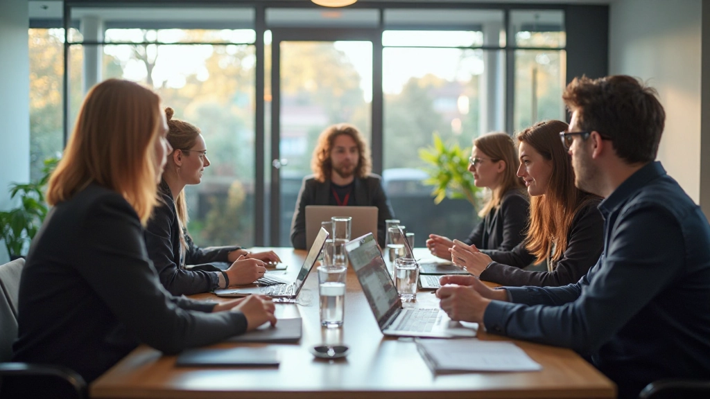 Vrouw in gesprek met collega's rond tafel, luistert aandachtig met open lichaamstaal